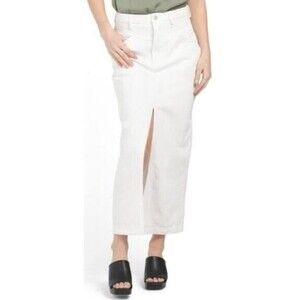 Reveriee White Front Slit Denim Column Midi Skirt size L NWT 100% Cotton